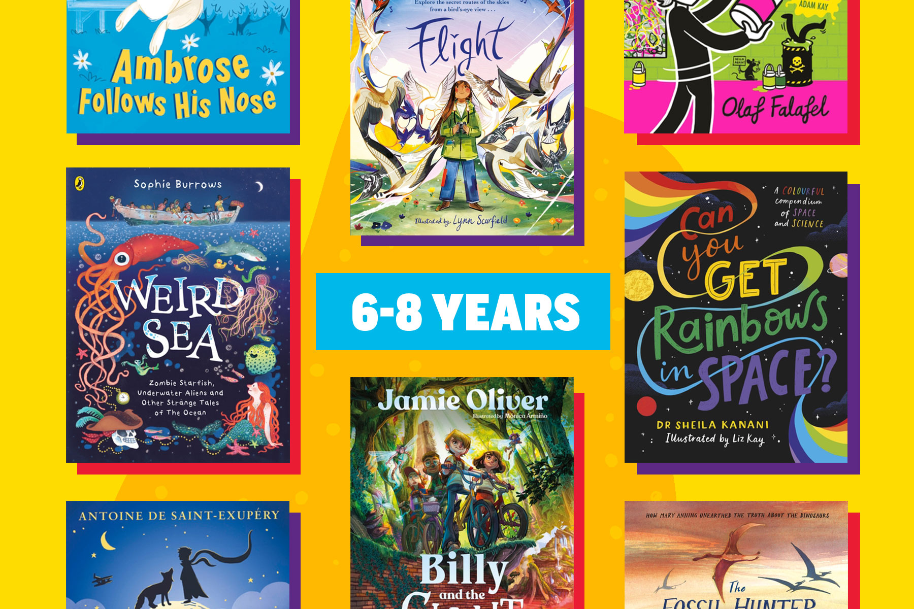 An image of a selection of books for 6-8s on a yellow background with a large splodge and spotty print