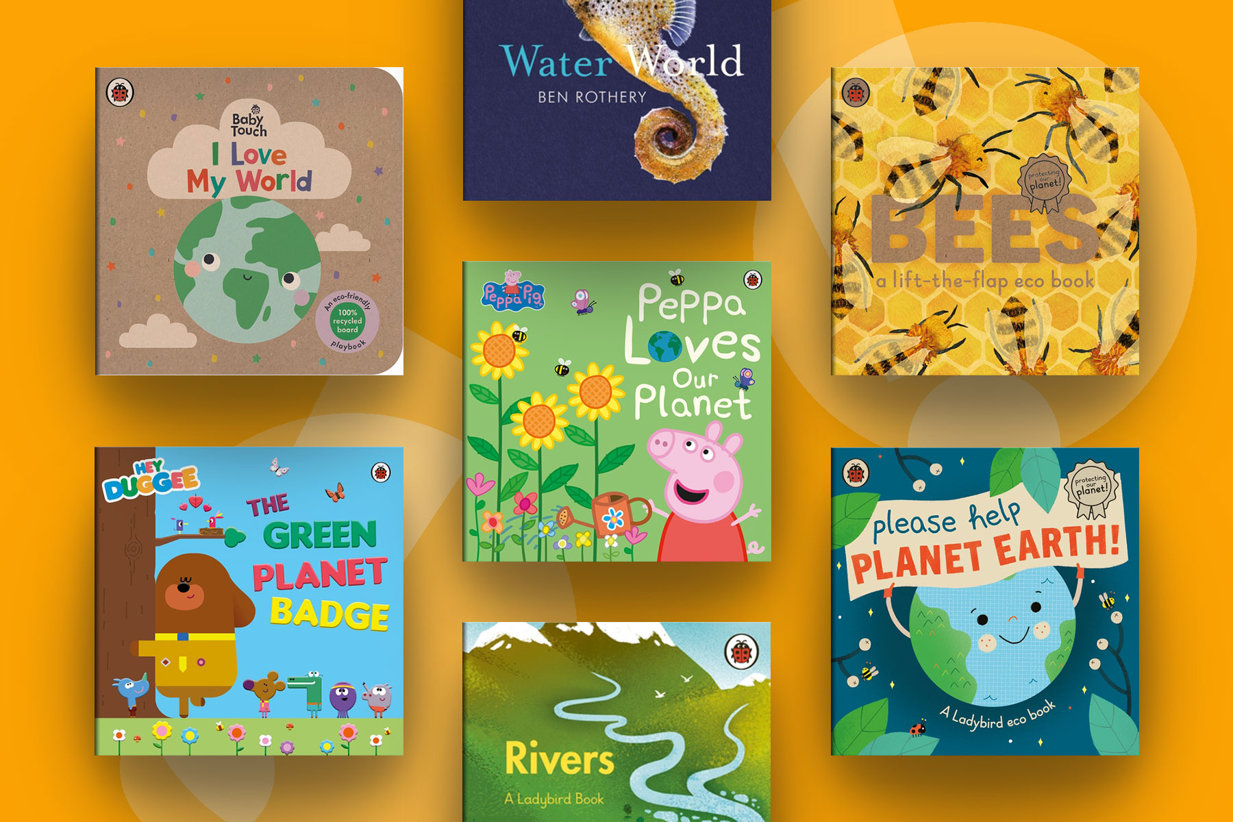 An image of a selection of Ladybird books about nature on an orange background with two exclamation mark glyphs