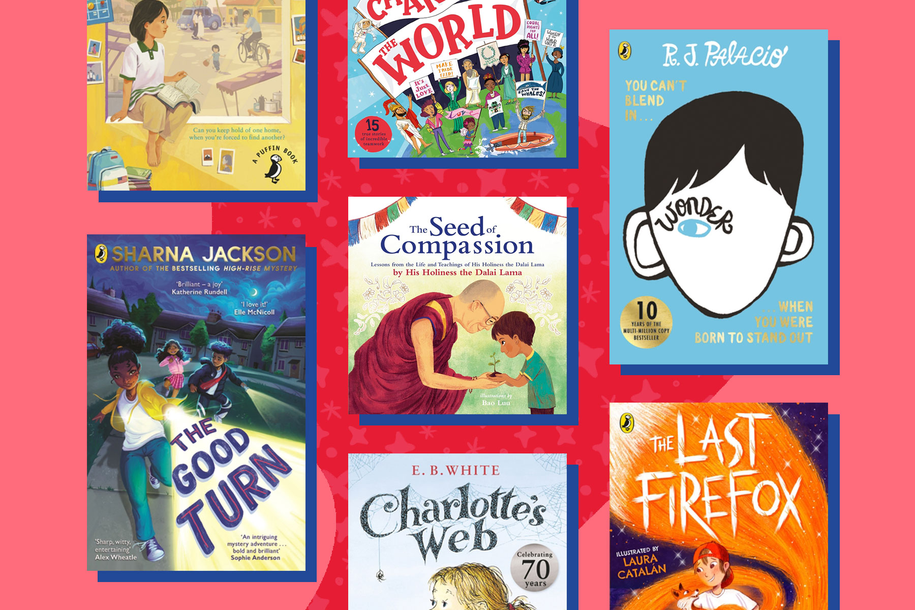 A selection of children's books that include themes of empathy. They sit on a light red background with a large red shape which features a star pattern inside it.