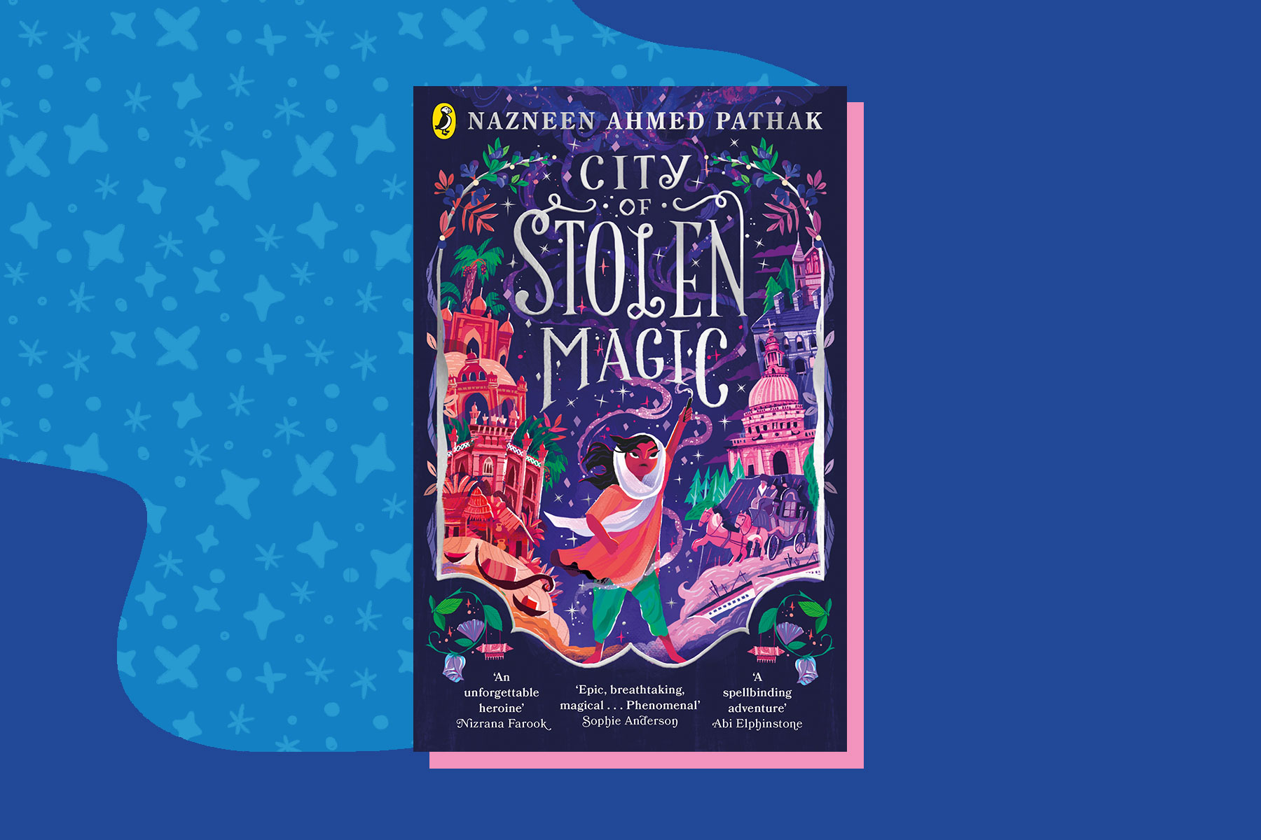 An image of the book cover of City of Stolen Magic on a dark blue background with a lighter blue shape coming out of it that features a star pattern inside