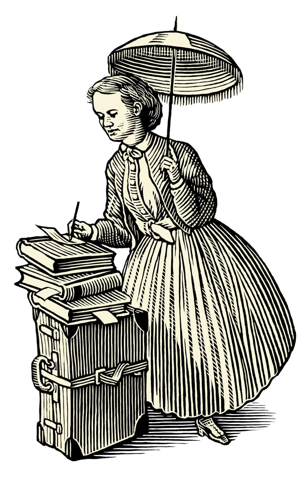 Black-and-white illustration of Charlotte Yonge, holding a parasol and balancing a stack of books on top of a travelling trunk