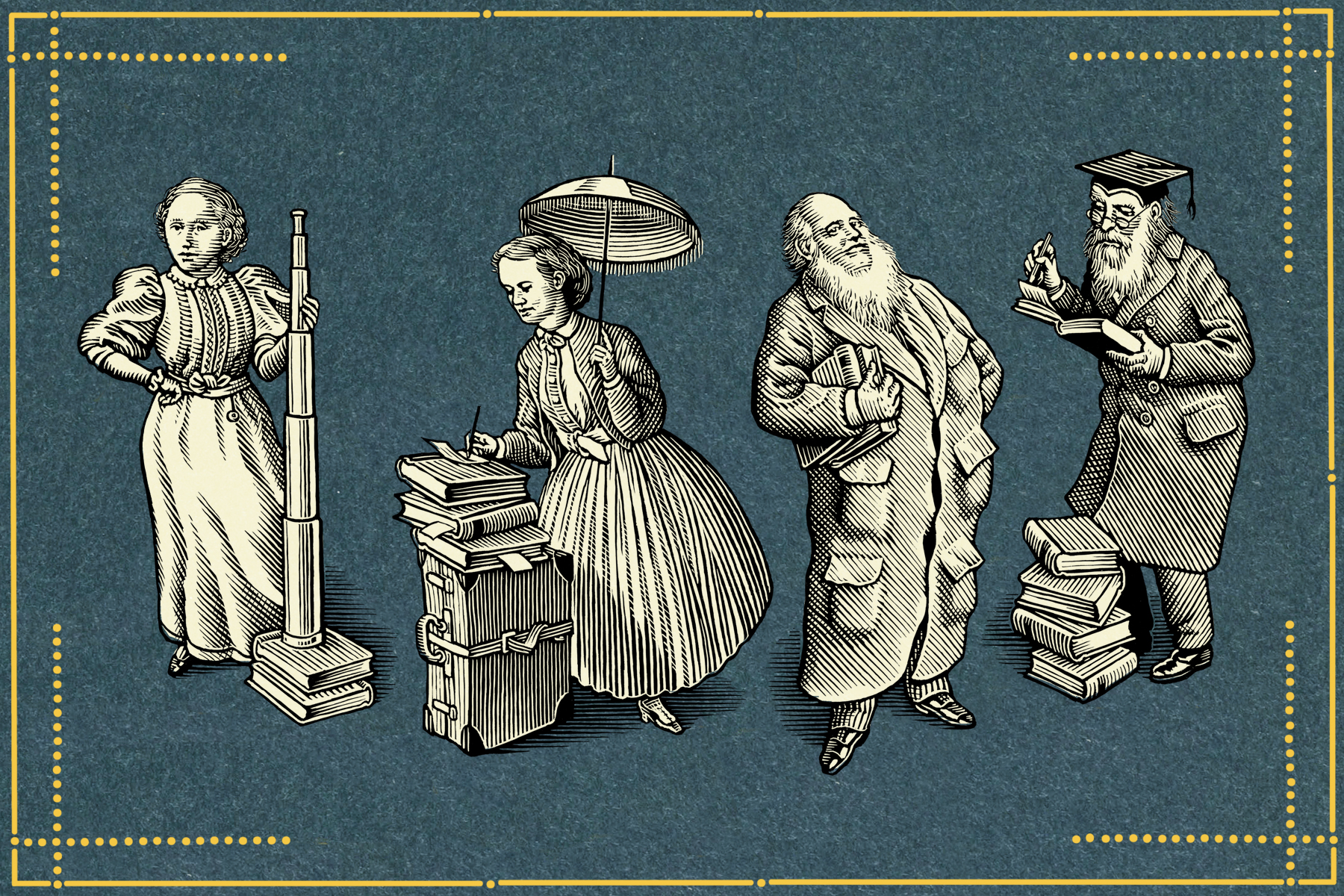 Black-and-white illustrations of four Victorian figures. From left to right: a woman holding a large telescope; a woman with an umbrella and a large stack of books; a bearded man wearing a coat with many pockets; an elderly man wearing a mortarboard hat and writing in a book
