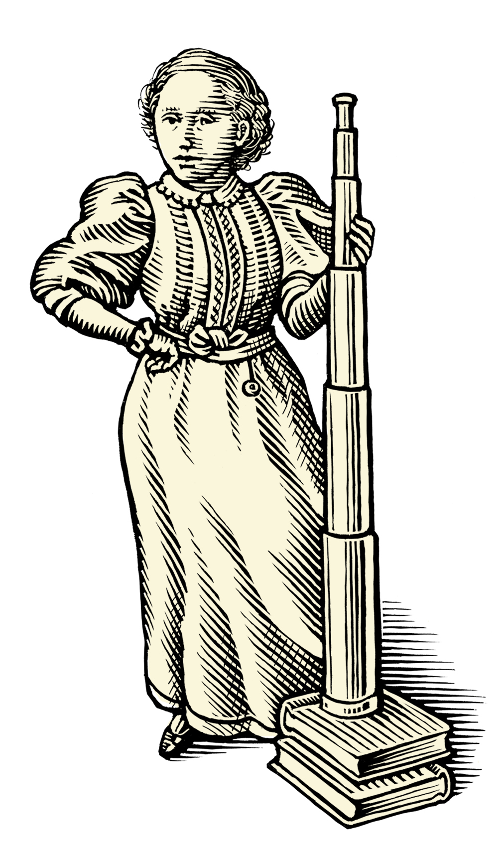 Black-and-white illustration of Elizabeth Brown standing beside a large telescope