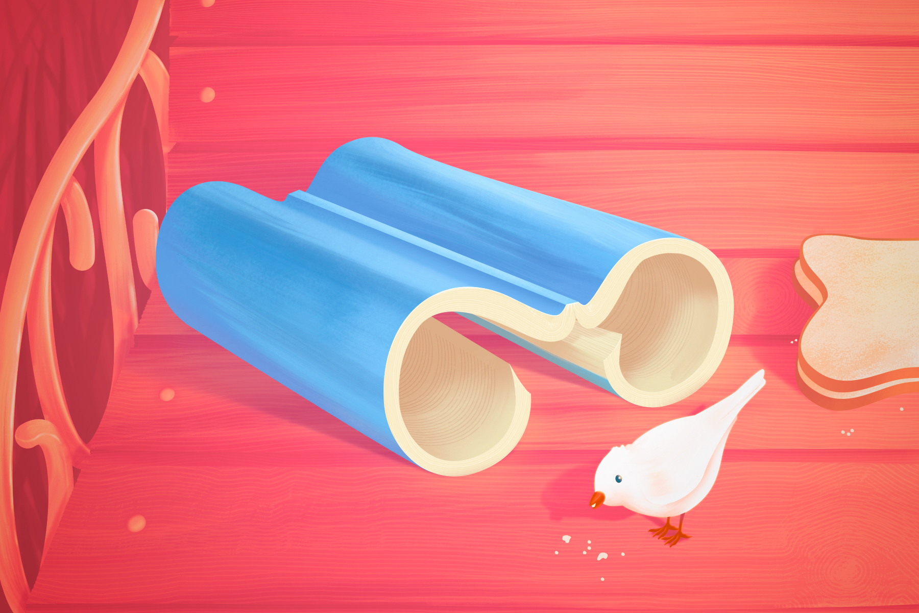 Image of an open book looking like binoculars with a white bird on a red background