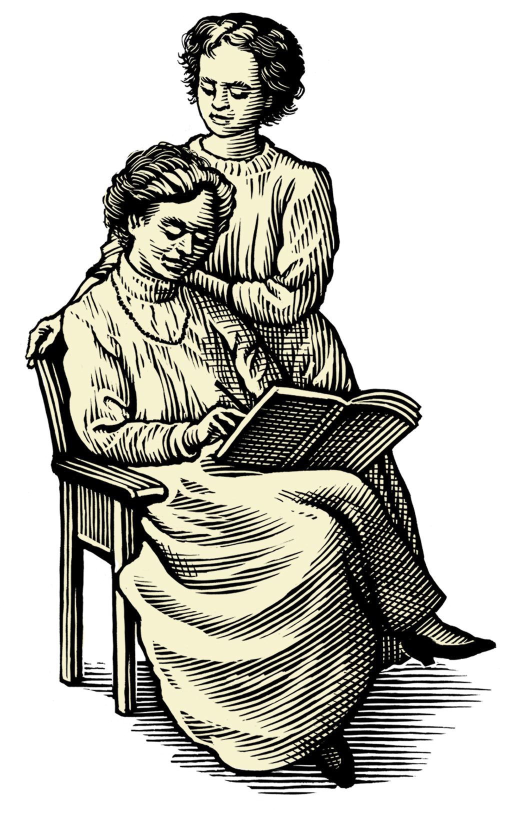 Black-and-white illustration of two women, Katherine Bradley and Edith Cooper. One woman sits in a chair, reading from a book. The other stands at her side, one hand resting on her lover's shoulder