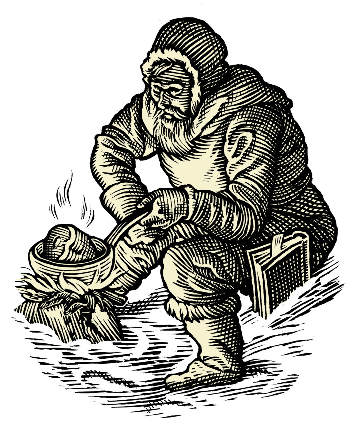 Black-and-white illustration of Sir John Richardson, dressed in Arctic furs and huddled before a camp fire, stirring a cook pot