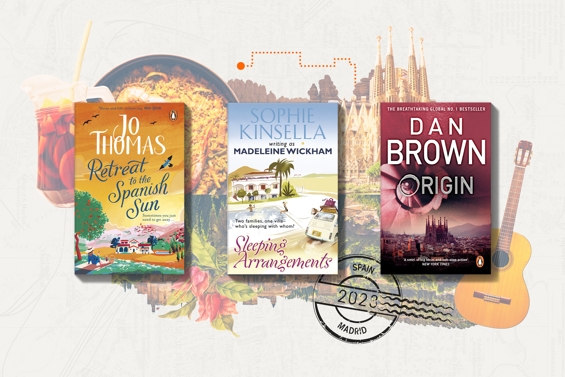 Image showing three of the best books set in Spain: Retreat to the Spanish Sun, Sleeping Arrangements and Origin