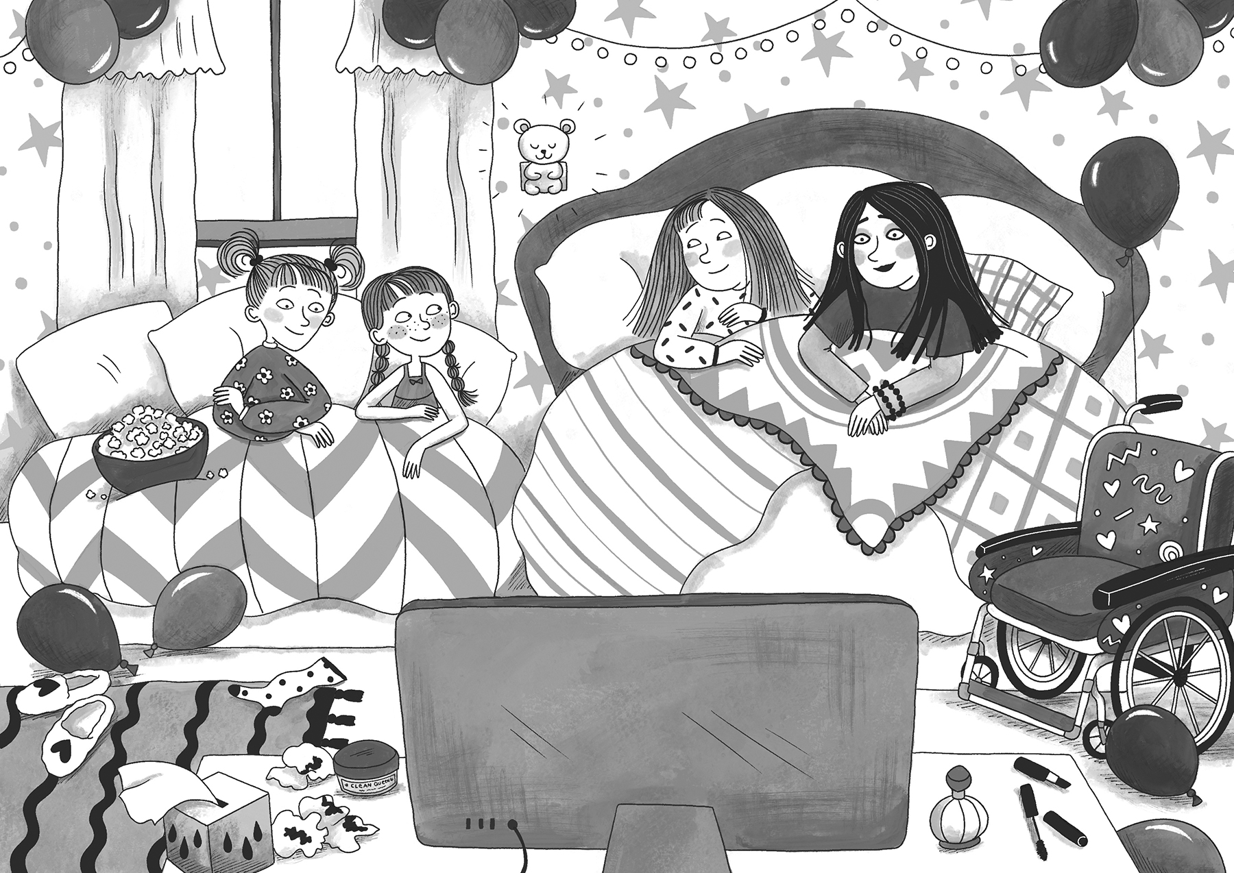 An illustration by Rachael Dean from The Best Sleepover in the World showing Emily, Daisy, Lily and Natalie all enjoying a sleepover at Daisy and Lily's house. All the girls are in bed watching a film together.