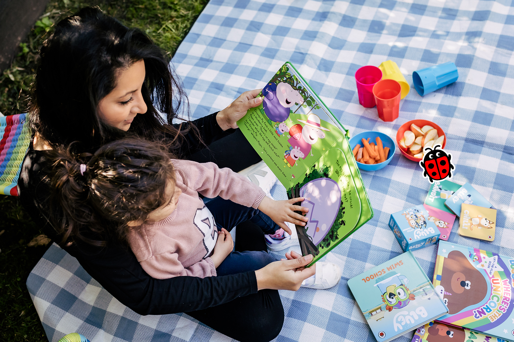 An image of a mother reading to her child as they sit on a picnic blanket surrounded by other Ladybird books and healthy snacks included apple slices and carrot. There is a Ladybird logo sticker on the bowl of apple slices