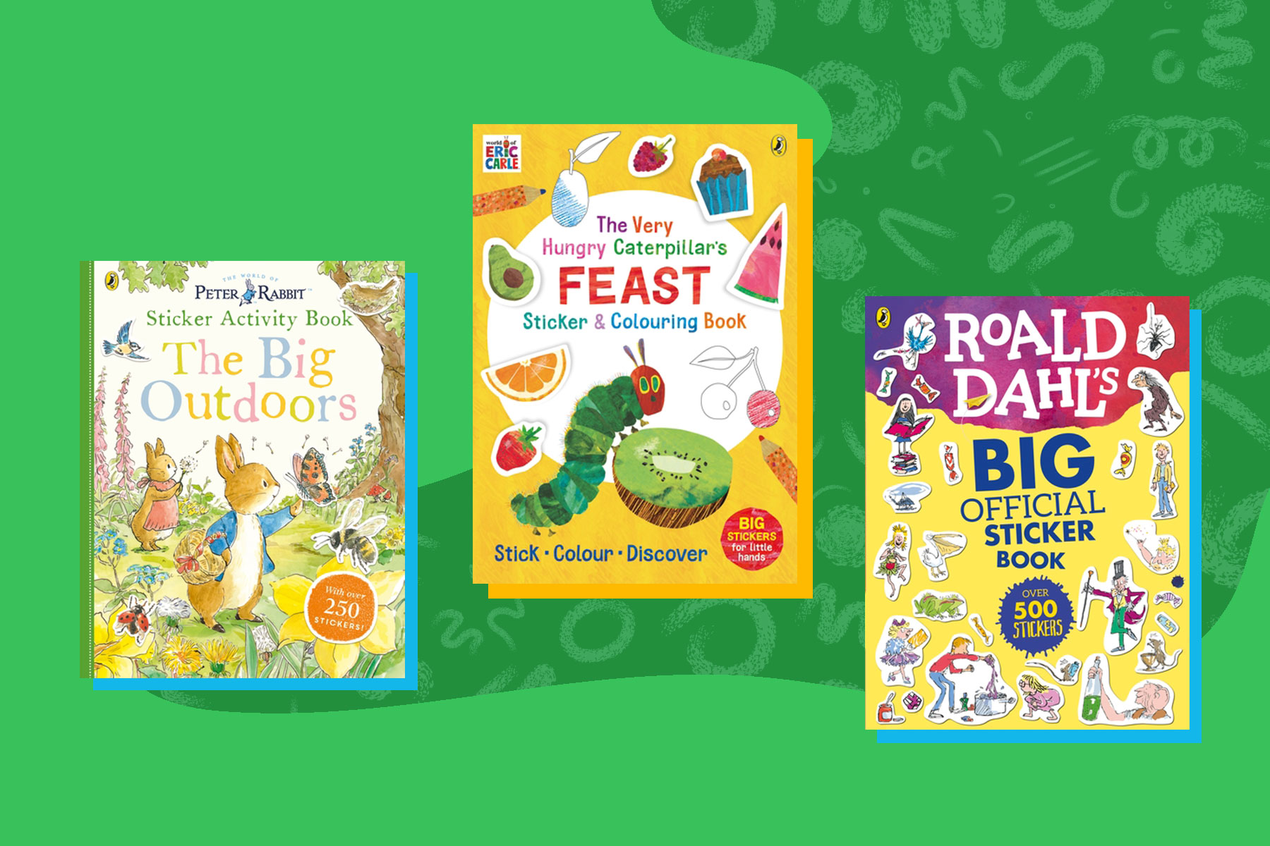 An image of three children's sticker books on a green background that features a shape in a darker green filled with a squiggle pattern