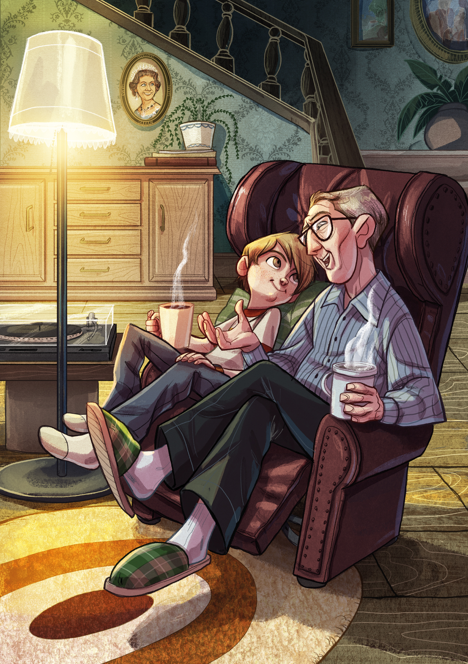 An illustration by Mónica Armiño from the book Billy and the Giant Adventure by Jamie Oliver. It shows the main character Billy sitting with his grandfather, drinking some hot chocolate together at home.