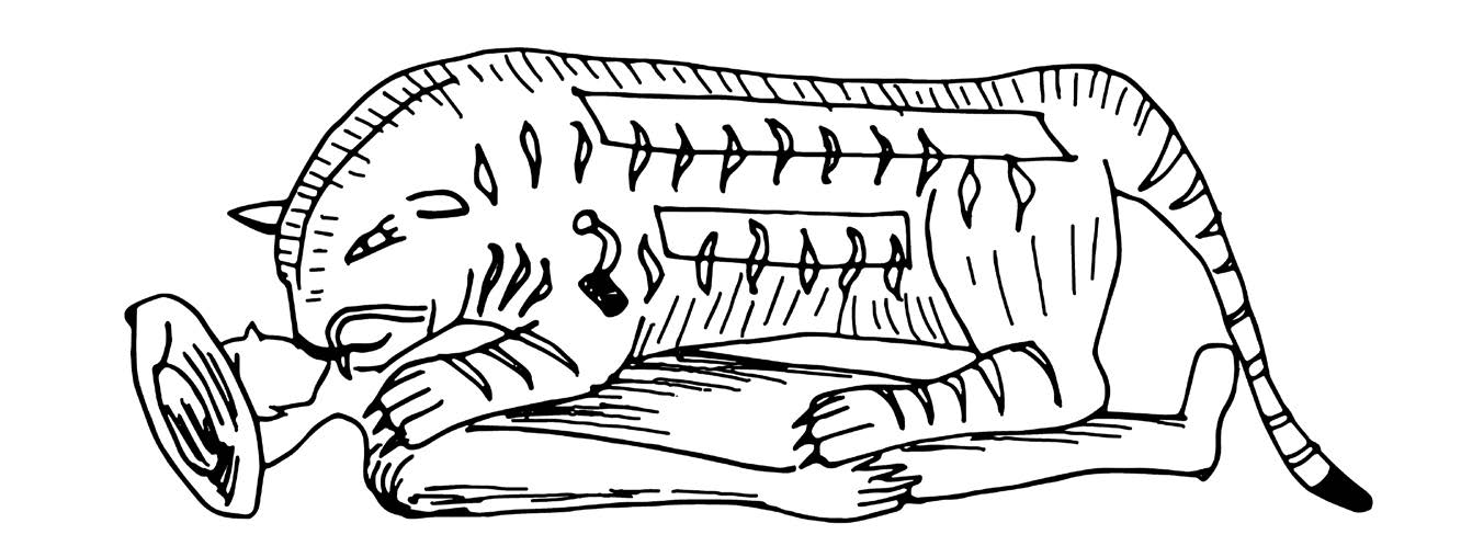 Black-and-white line drawing of a tiger biting a soldier