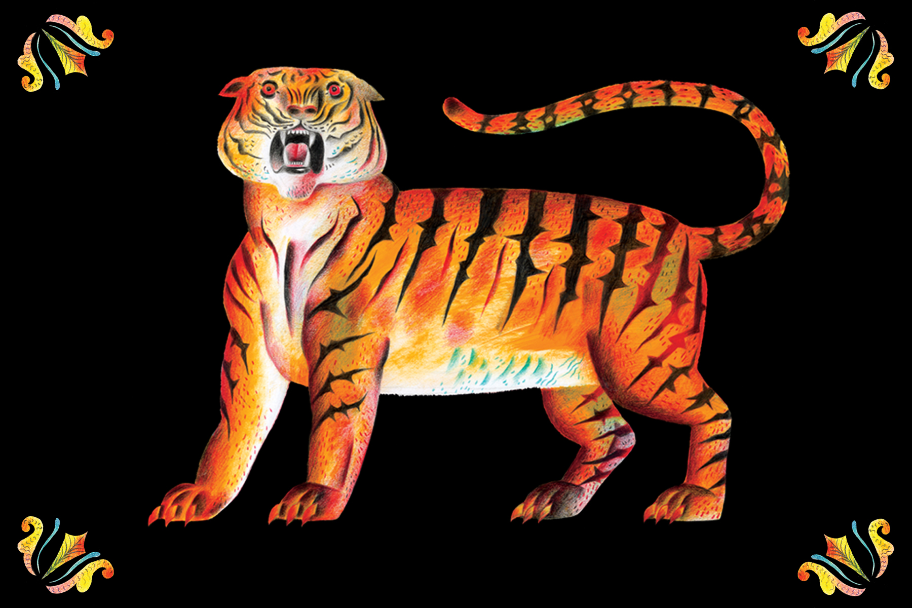 Illustration of a roaring tiger inside a decorative border