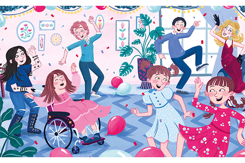An illustration by Rachael Dean showing the characters from The Best Sleepover in the World all dancing together