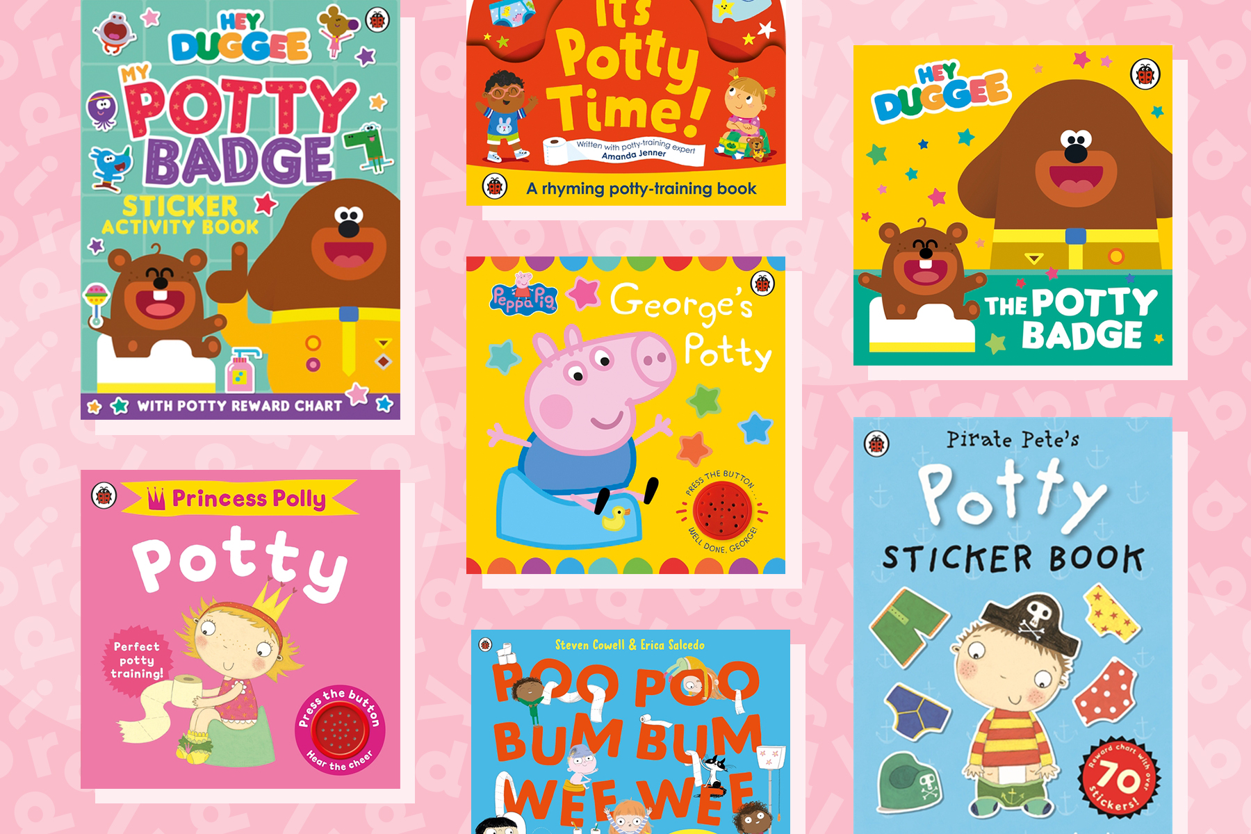 An image of a selection of potty training books for children on a light pink background