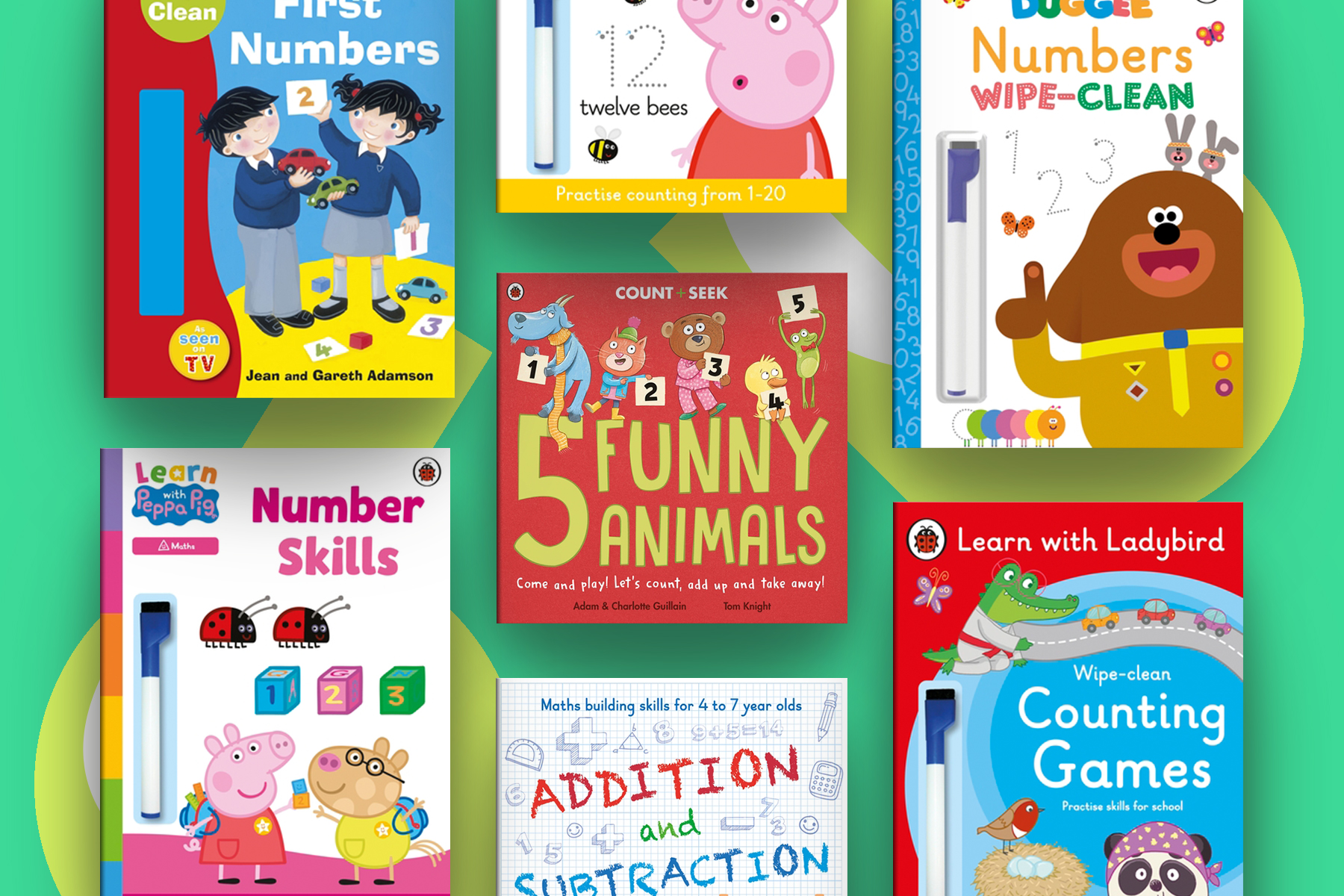 An image showing a selection of childrens books for children learning numbers and counting. They sit on a green background with light green and white glyphs of the letters L and B.