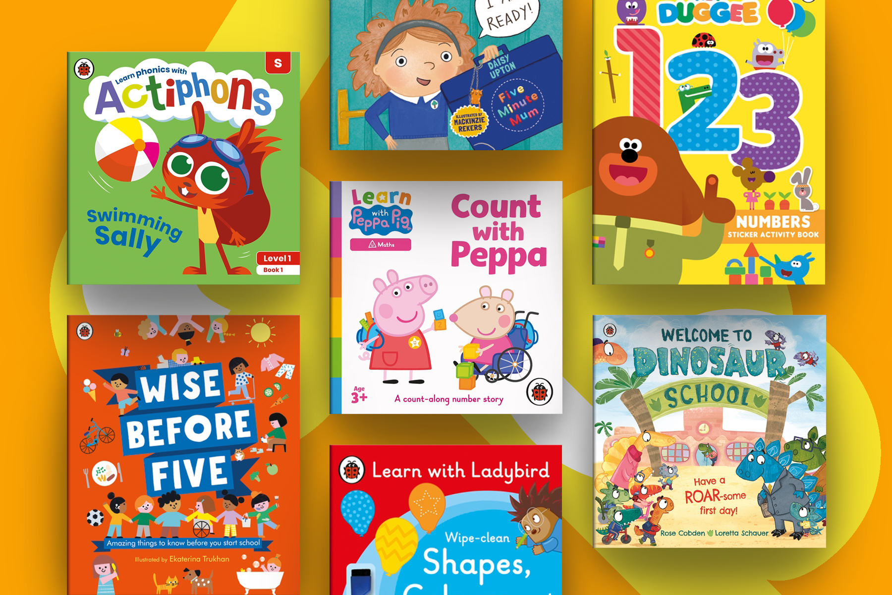 An image showing a selection of childrens books for new school and nursery starters. They sit on on orange background with yellow and white glyphs of the letters L and B.
