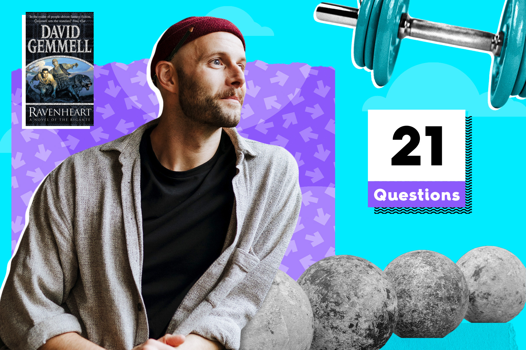 An image of author/illustrator Ben Rothery on a blue and purple patterned background. Surrounding him is the book cover of Ravenheart by David Gemmell, a dumbbell and four circular rocks that strongmen lift