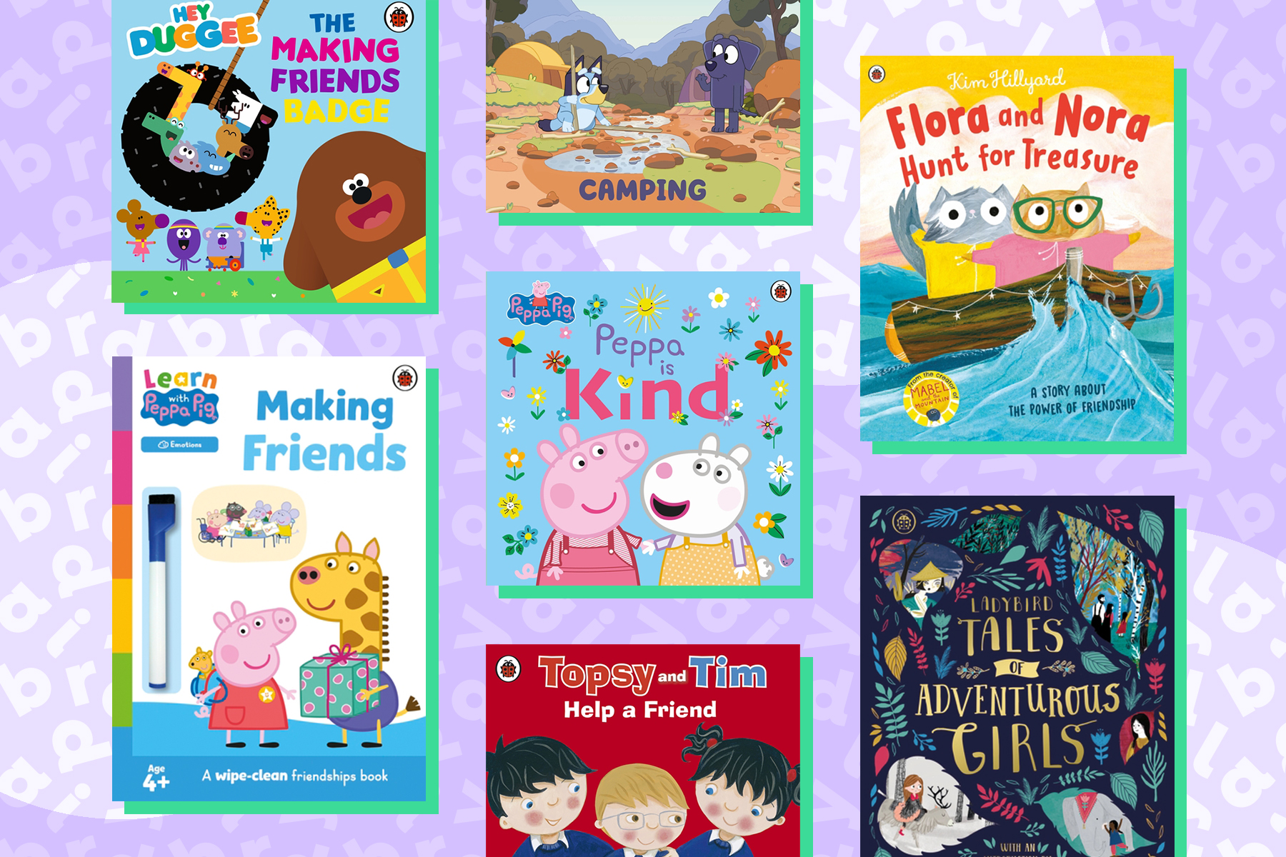 An image of a selection of books about friendship on a light purple backgrounf with a Ladybird font patter.