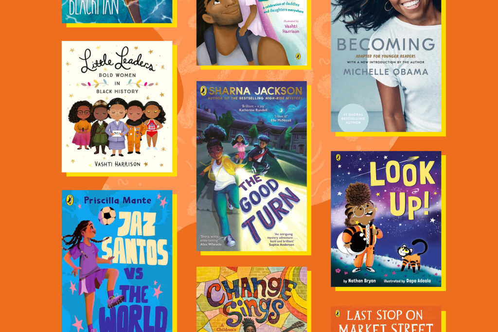 An image of a selection of children's books by black authors and illustrators on a darker orange background with a lighter shape that is filled with squiggles.