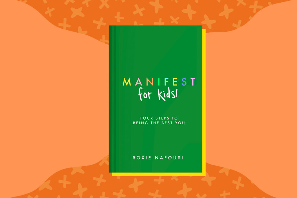 An image of the book Manifest for Kids on a light orange background with two darker orange shapes filled with a cross print.
