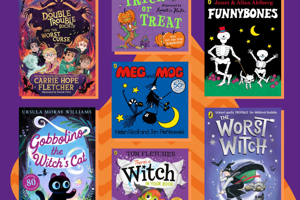 An image of a selection of spooky children's books on a dark purple background with an orange shape which features a zig-zag pattern