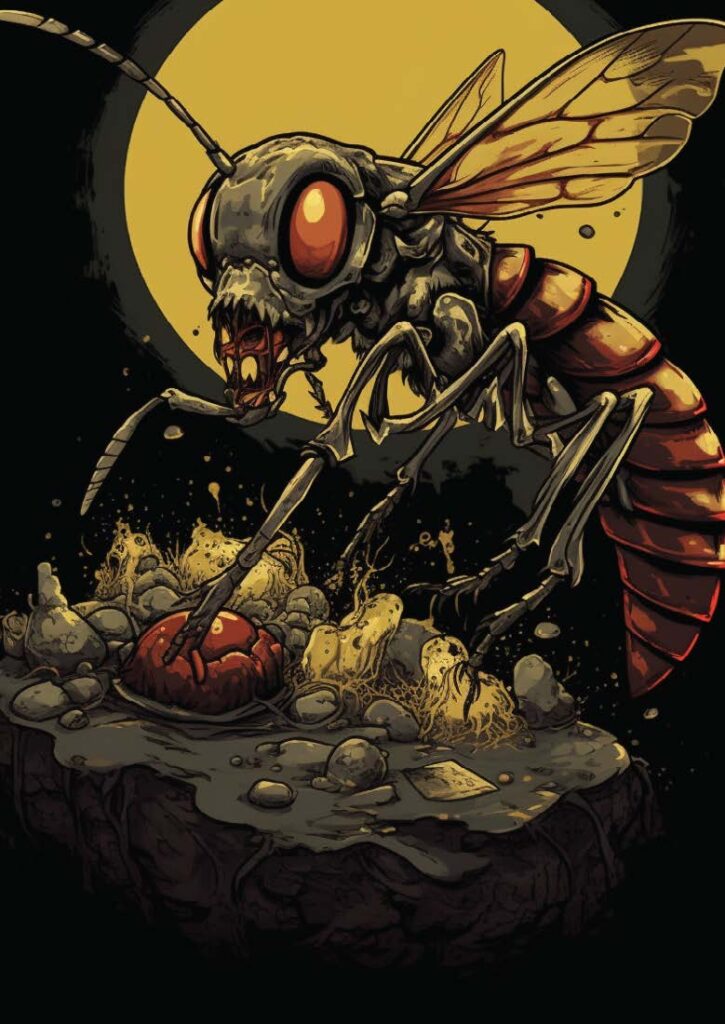 Comic book-style illustration of a giant wasp