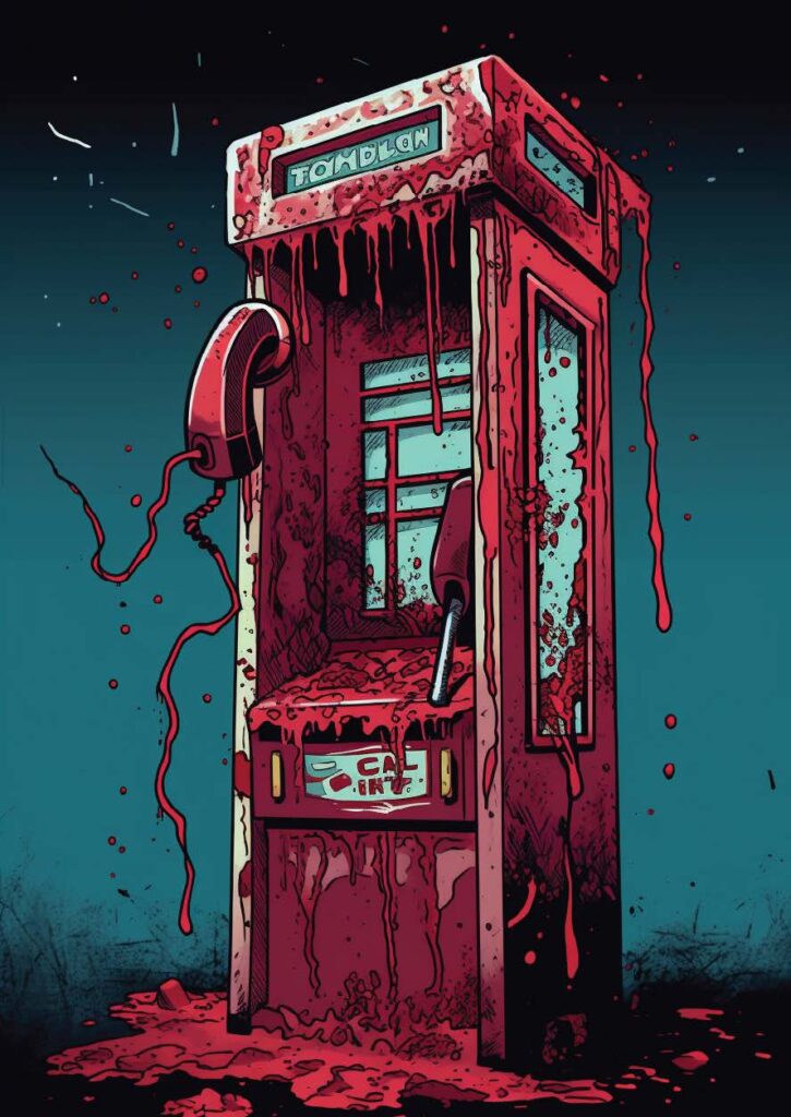 Comic book-style illustration of a blood-spattered phone box