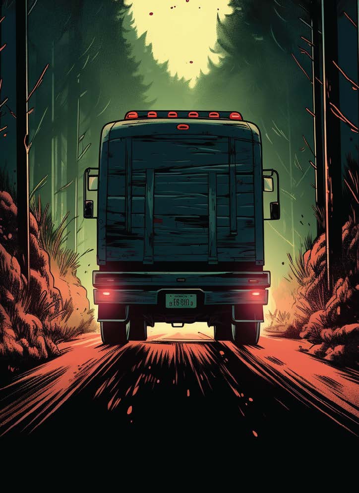 Comic book-style illustration of rear of truck