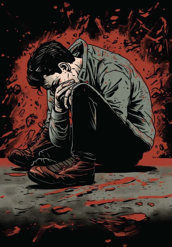 Comic book-style illustration of a boy on the ground, hunched over and crying