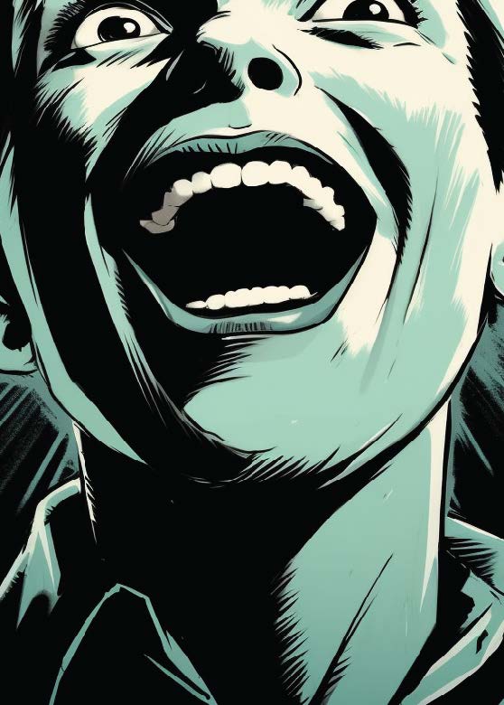 Comic book-style illustration of a creepy laughing boy