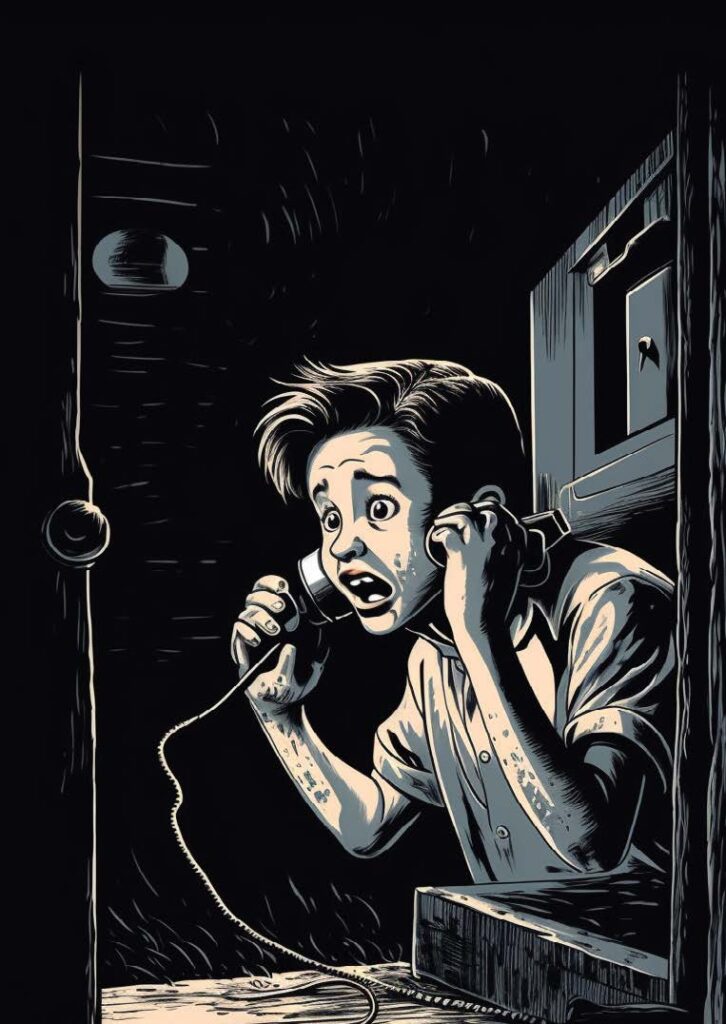 Comic book-style illustration of a scared boy speaking into a phone