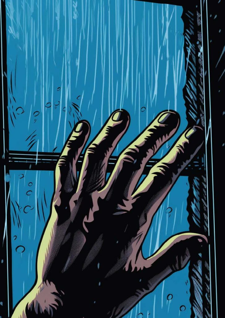 Comic book-style illustration of a hand reaching out to touch a pane of glass, rain falling on the other side