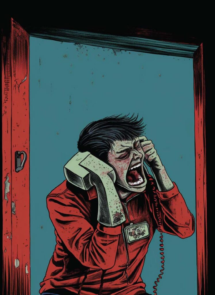 Comic book-style illustration of a screaming boy, a telephone receiver merging into one hand and the side of his head