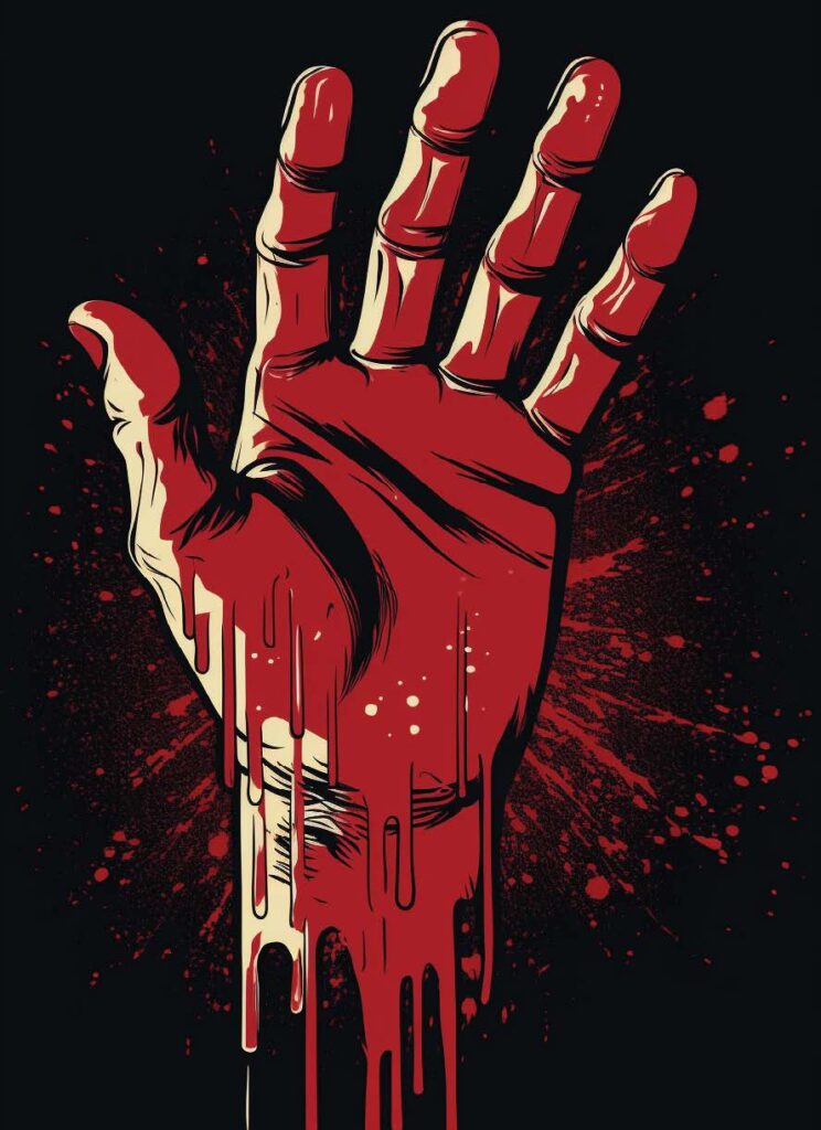 Comic book-style illustration of a bloodied hand