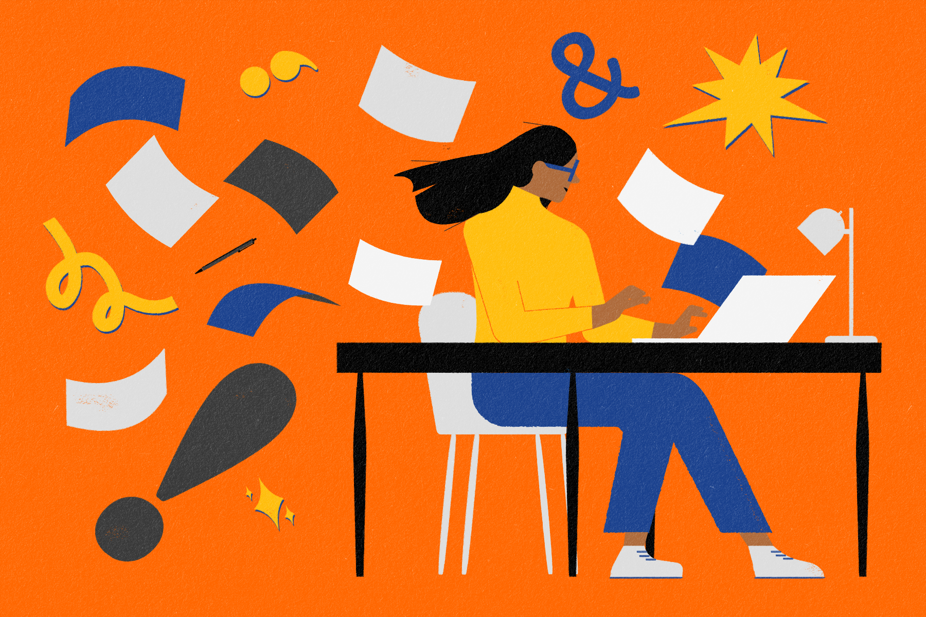 Illustration of a woman sat at a desk typing furiously. She has brown skin and black hair, and is wearing a yellow jumper and blue trousers. Her hair is blown back by the wind, and pages and paper fly out of her laptop, alongside illustrated punctuation.