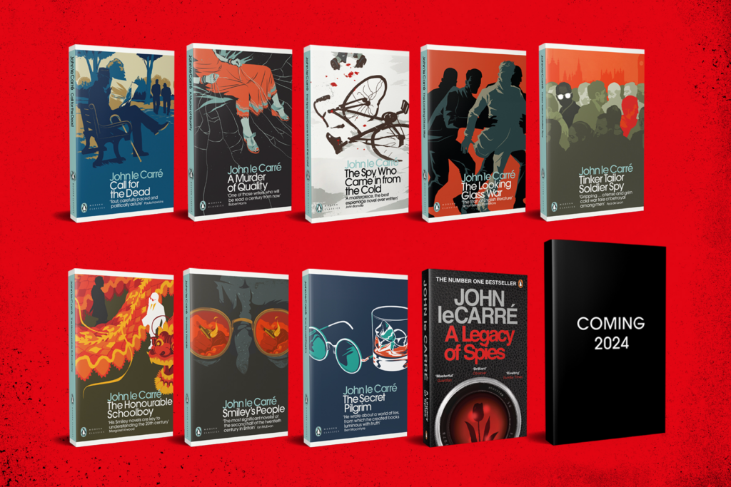 An image of John Le Carre book covers on a red background