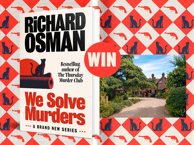 Image showing the Waterstones exclusive edition of We Solve Murders by Richard Osman, with special endpages featuring illustrations of little cats and revolvers