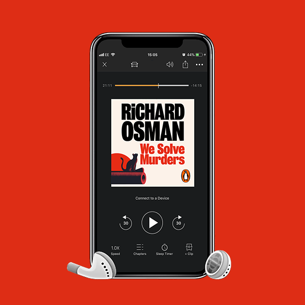 Image showing the audiobook cover of We Solve Murders by Richard Osman on a listening device