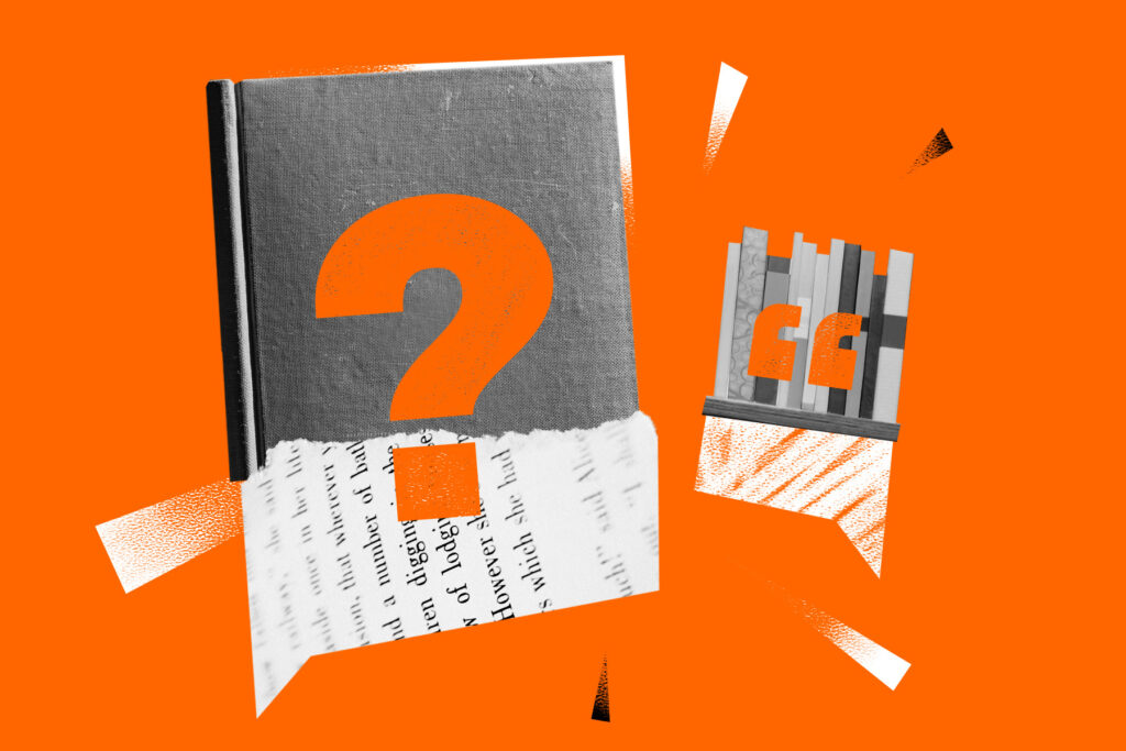 Image of books, paper and question marks on an orange background