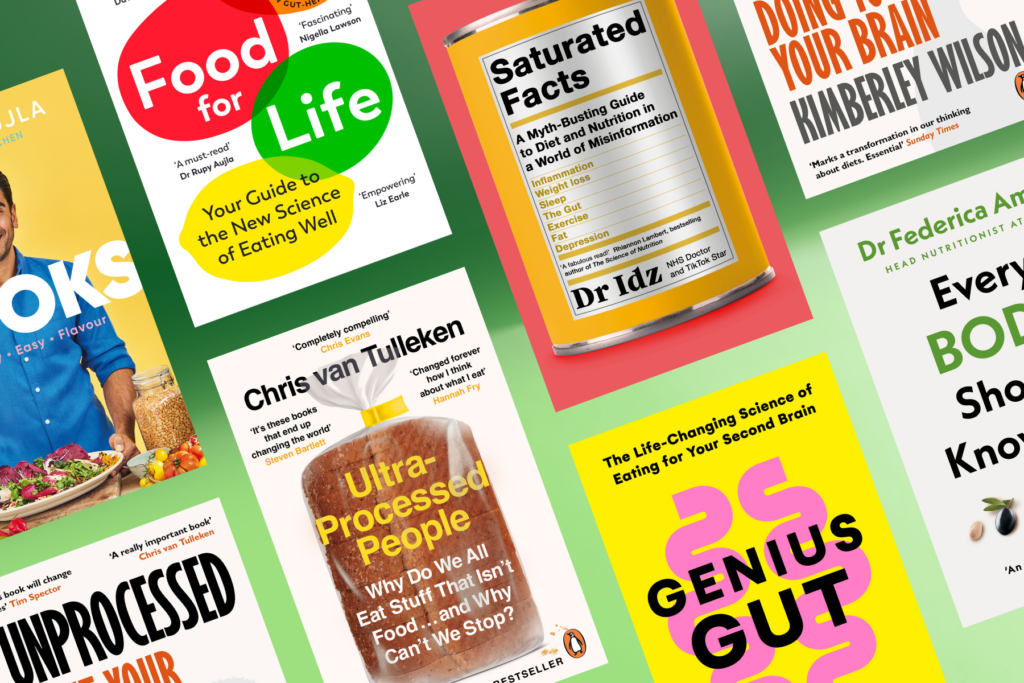 Nutrition books showing Food For Life, Saturated Facts, Ultra-Processed People, Genius Gut, Unprocessed