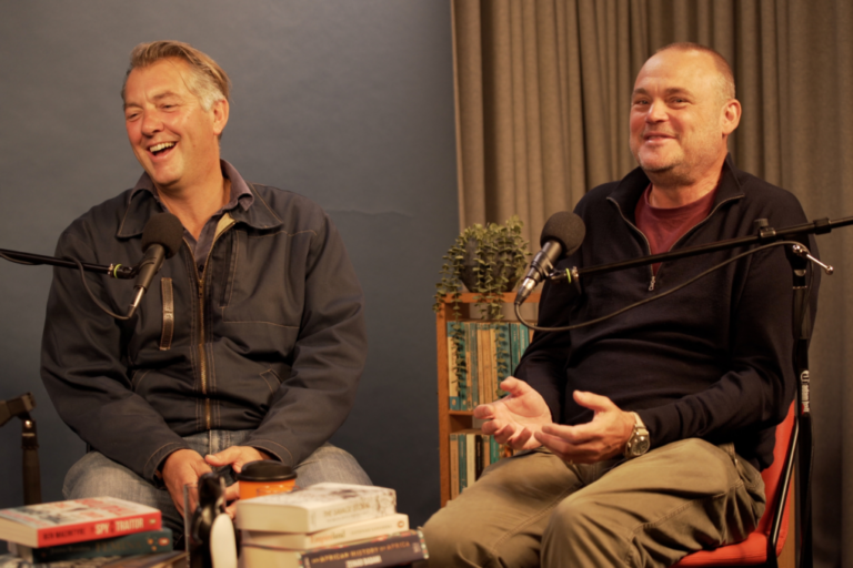Photo of authors James Holland and Al Murray in the Penguin Podcast studio